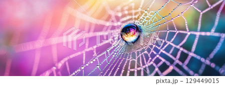 Vibrant Dewdrop on Gossamer Spiderweb Nature Macro Photography Art Pink Blue Green Jewel Shiny Light 129449015