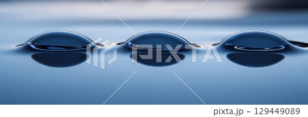 Three Perfect Water Droplets on Still Blue Surface Abstract Nature Photography Background art zen 129449089