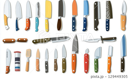 Collection of various kitchen utensils including knives cleavers and a spatula on a white background 129449305