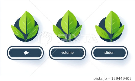 Three app icons with leaves on top and buttons below for play volume and slider control elements 129449405