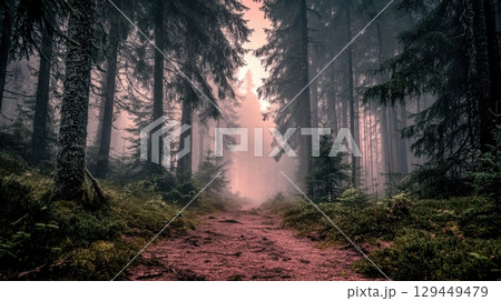 Misty Forest Path Magical Trees Nature Scene Tranquil Woods Scenic Pinkish Light Dreamlike 129449479