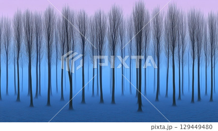 Serene Blue Winter Forest Mystical Foggy Treescape sky art cold calm hazy mood view pale mist quiet 129449480