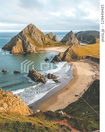 Stunning Coastal Cliffs Dramatic Ocean Beach Scene Golden Hour View sea sky sand wild rock rocks 129449485