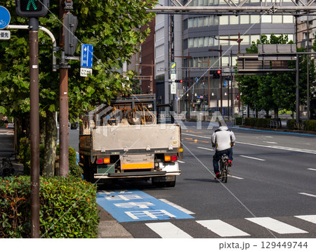 普通自転車専用通行帯に駐車している自動車と車道側に避ける自転車 普通自転車専用通行帯に駐車している自動車と車道側に避ける自転車 129449744
