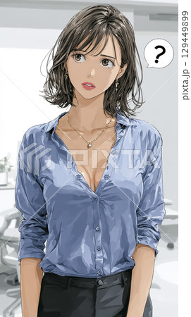 悩むビジネスウーマンのイラスト素材　クエスチョンマーク 129449899