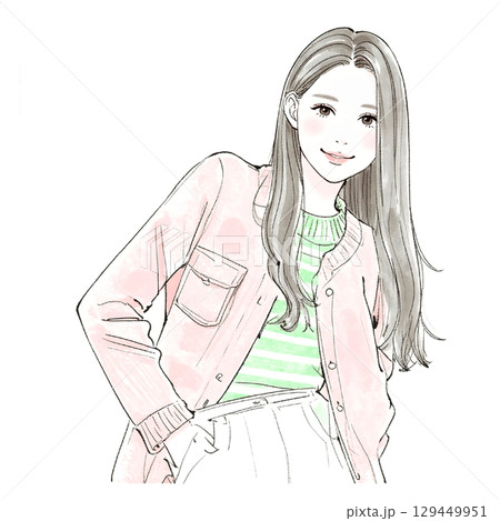 手描きイラスト 水彩原画 ロングヘアの女の子307 手描きイラスト 水彩