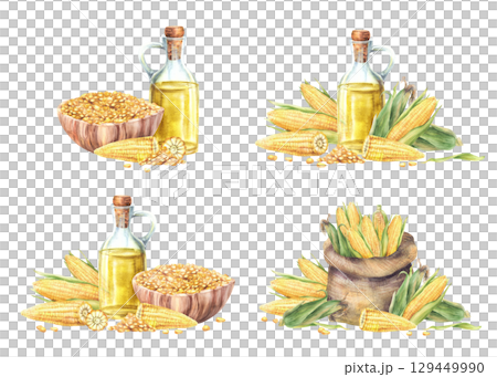 Corn oil glass bottle, canvas bag with corncobs and bowl with maize kernels far harvest set. Watercolor Fresh sweet corn crop. Hand drawn food illustration for farm label on isolated white background 129449990