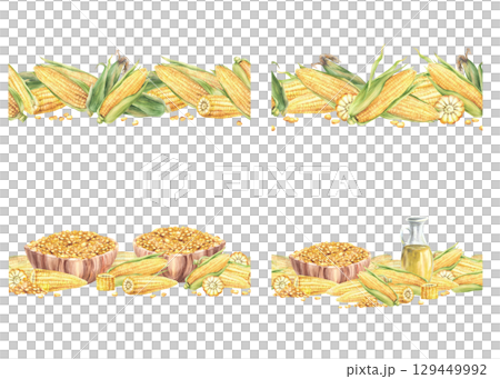 Corn oil carafe, corncobs and bowl with maize kernels seamless border set. Watercolor Fresh sweet corn harvest. Hand drawn illustration for eco farm food product label design isolated from background 129449992