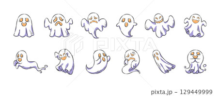 Halloween ghost or spirit . Hand drawn icon cartoon illustration collection . Vector . 129449999
