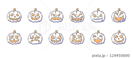 Halloween pumpkins or jack-o'-lanterns . Hand drawn icon cartoon illustration collection . Vector . 129450000