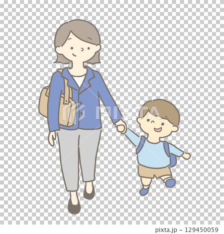 A boy walking hand in hand with his mother 129450059