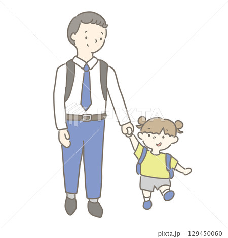 お父さんと手を繋いで歩く女の子 129450060