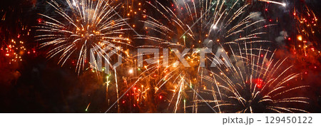 Banner Red Firework celebrate anniversary happy new year 2024 4th of july holiday festival. Banner red firework night time celebrate national holiday. Countdown new year 2025 festival with copy space 129450122