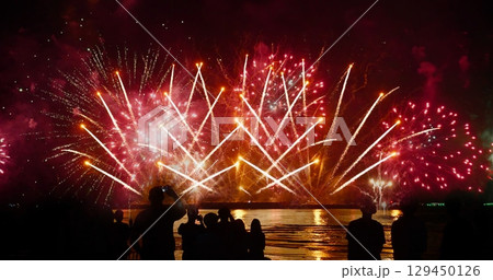 Red Firework celebrate anniversary happy new year 2024, 4th of july holiday festival. red firework in night time celebrate national holiday. Countdown to new year 2024 festival party time event 129450126