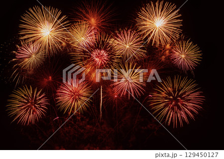 Red Firework celebrate anniversary happy new year 2024, 4th of july holiday festival. red firework in night time celebrate national holiday. Countdown to new year 2025 festival party time event 129450127