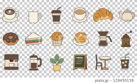 咖啡廳飲料、食物和室內圖標集 129450139