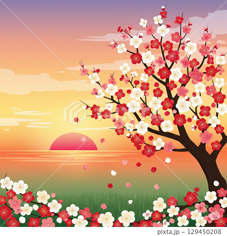 夕焼けと日本の梅の花のある風景 129450208