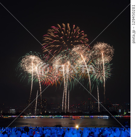 夜空に咲く色鮮やかな花火と観客の風景 夜空に咲く色鮮やかな花火と観客の風景 129450281