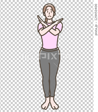 両手でバツをつくるヨガウェア姿の女性のイラスト 129450400