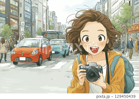 街中でカメラを構える女性 129450439