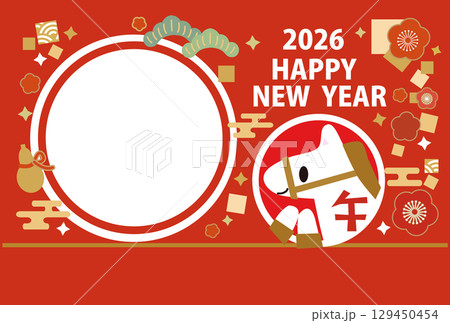 馬のイラストの2026年の年賀状テンプレート フォトフレー有り 縦 129450454