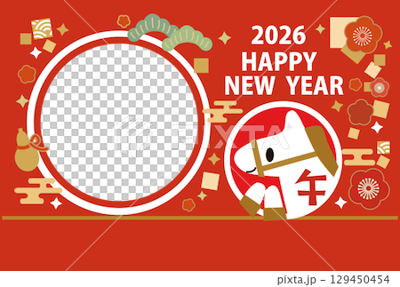 馬のイラストの2026年の年賀状テンプレート フォトフレー有り 縦 129450454