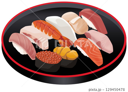 寿司桶に乗ったお寿司セット 129450478