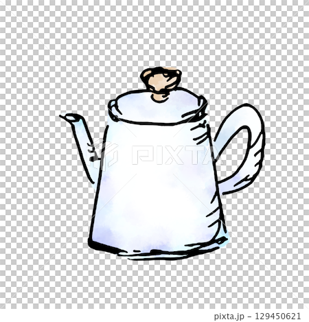 Hand-drawn illustration of a white enamel kettle 129450621