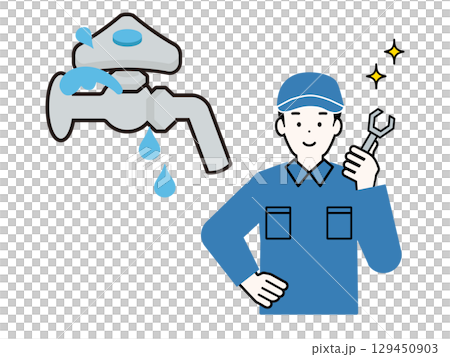 圖解：一名水管工正在修理漏水的水龍頭。圖解：一名身穿工作服的男子正在進行管道工作。 129450903
