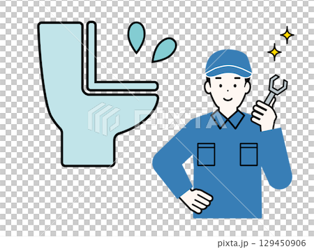 Illustration of a plumber repairing a leaking toilet. Illustration of a man in work clothes doing plumbing work. 129450906