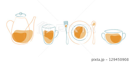 Doodle style tableware set. Teapot and mug, plate with spoon and fork, soup tureen, in linear style, abstract spot designs, warm orange and yellow colors. Doodle style tableware set. Teapot and mug, plate with spoon and fork, soup tureen, in linear style, abstract spot designs, warm orange and yellow colors. 129450908
