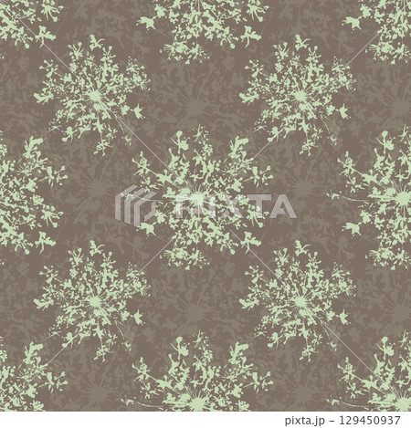Pattern with wild carrot, Daucus Carota flower imprint, an umbelliferous plant, green stamp silhouette on pastel brown background. Pattern with wild carrot, Daucus Carota flower imprint, an umbelliferous plant, green stamp silhouette on pastel brown background. 129450937