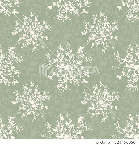 Pattern with wild carrot, Daucus Carota flower imprint, an umbelliferous plant, stamp silhouette creme on pastel green background. 129450950