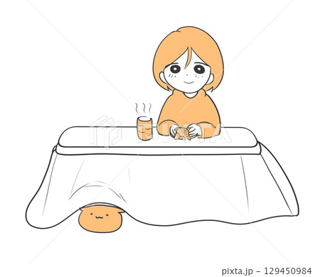 机でミカンをむきながらお茶を飲む女性｜女性,みかん,お茶,冬,かわいい,ゆるキャラ,二色 129450984