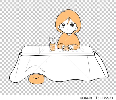 机でミカンをむきながらお茶を飲む女性｜女性,みかん,お茶,冬,かわいい,ゆるキャラ,二色 129450984