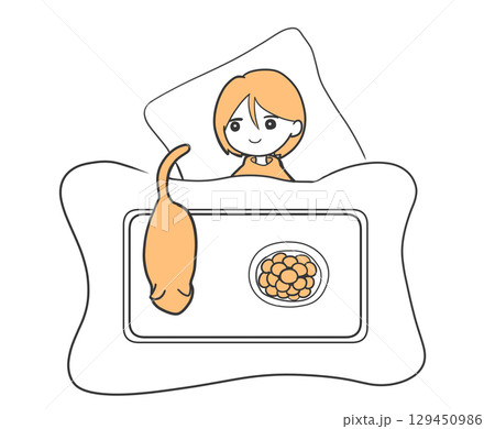こたつで寝ている女性と猫 机の上のみかん 二色｜女性,猫,こたつ,みかん,かわいい,ゆるキャラ 129450986