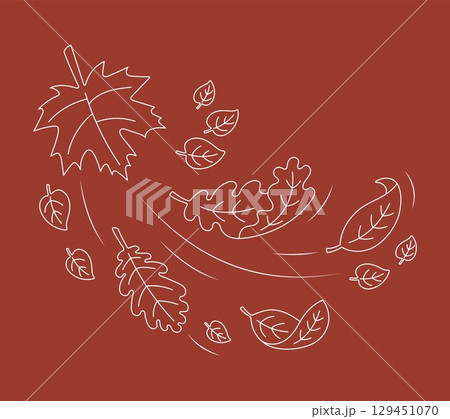 Autumn leaves blowing in the wind. Editable stroke. Minimal line art illustration with maple, oak, and other leaves on a red background. Seasonal fall design, simple white contour drawing for nature 129451070
