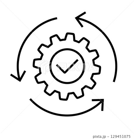 Process Optimization Icon with Gear and Arrows. Production system. Efficiency, Automation, Workflow Improvement, Quality Assurance, Productivity Symbol. Black Line Style Isolated 129451075