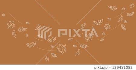 Autumn Leaves Blowing in Wind. Elegant Autumn Leaves Line Art on Brown Background. Minimalistic Outline Falling Leaves Illustration. Seasonal Decorative Border for Greeting Cards, Invitations, Posters 129451082