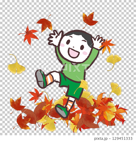 落ち葉で遊ぶ男の子のイラスト 落ち葉で遊ぶ男の子のイラスト 129451333