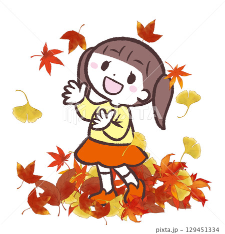 落ち葉で遊ぶ女の子のイラスト 129451334