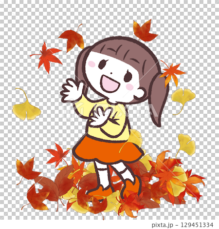 一個女孩在玩落葉的插圖 一個女孩在玩落葉的插圖 129451334