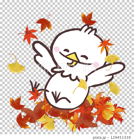 落ち葉で遊ぶ白い鳥のイラスト 129451339
