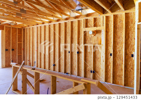 Construction workers are framing an interior wall in new residential building under development during works day 129451433