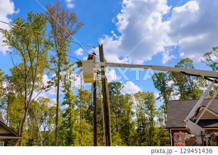 Utility worker is fixing power line on pole while surrounded by lush trees 129451436