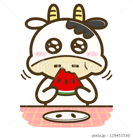 スイカを食べてキラキラお目目なうしこの全身イラスト（夏・食べ物・かわいいキャラクター） 129451530