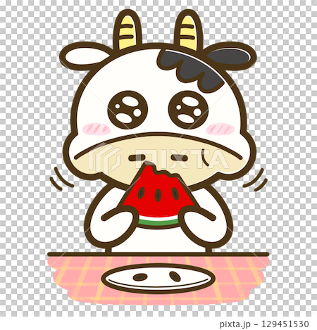 スイカを食べてキラキラお目目なうしこの全身イラスト（夏・食べ物・かわいいキャラクター） 129451530