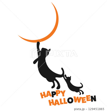 三日月と黒猫のハロウィンロゴイラスト 129451865