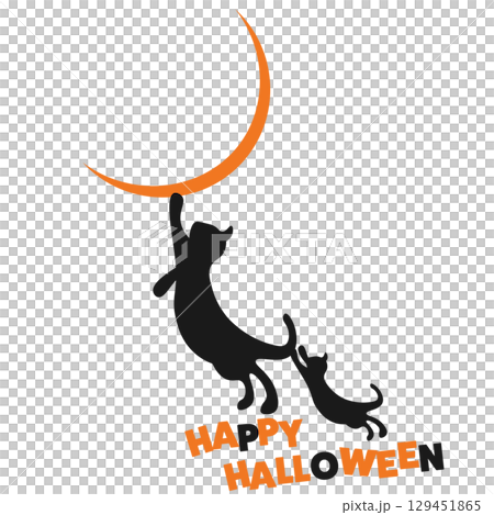 三日月と黒猫のハロウィンロゴイラスト 129451865