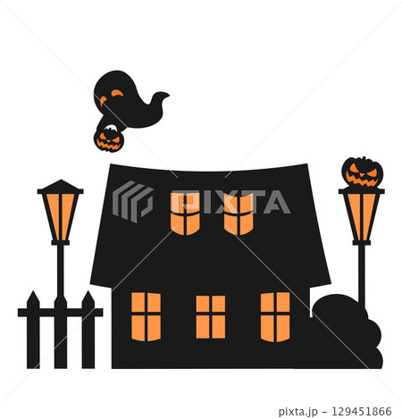 外灯にジャックオランタンを飾り付けるオバケのイラスト 129451866